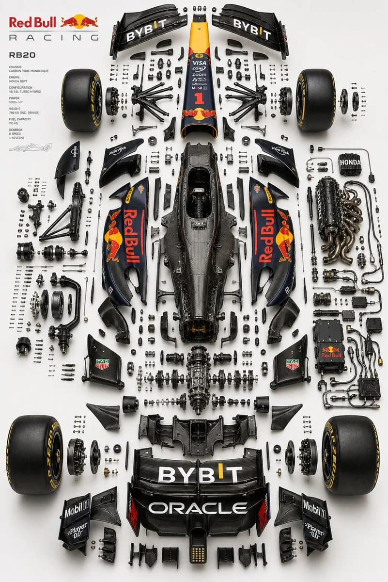 F1 Racing Car Exploded View Technical Diagram Prompt
