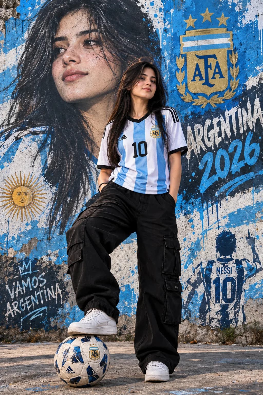 A confident young woman standing with one foot on a soccer ball